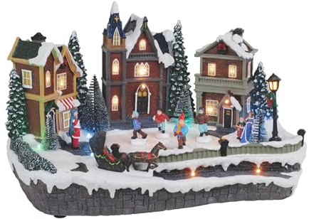 Large Animated Christmas Village Skating Town - Lighted Resin Musical Snow Scene with 4 Moving Skaters and Adapter