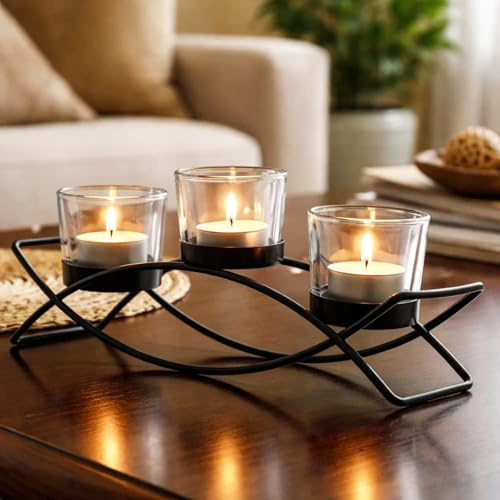 Seraphic Iron Arch Table Centerpiece Decorations Long Candle Holder for Weddings, Patio, Kitchen, Dining Room, and Coffee Tables, Black, Clear Chunky 3 Cups