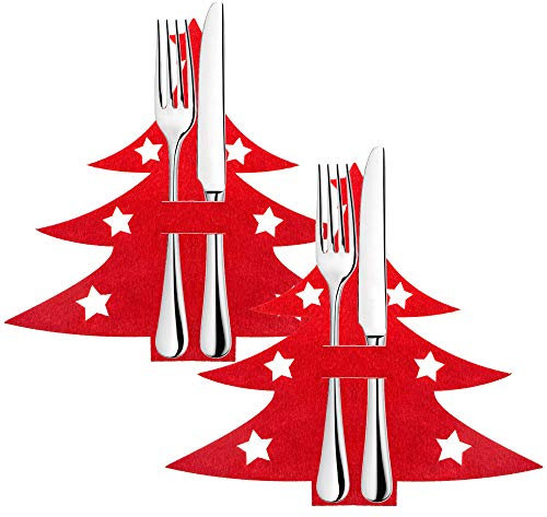 SPRINGOS Besteckhalter Bestecktasche Rot Tannenbaum Christbaum Tischdeko Geschirr Weihnachten (Rot 2 Stück)
