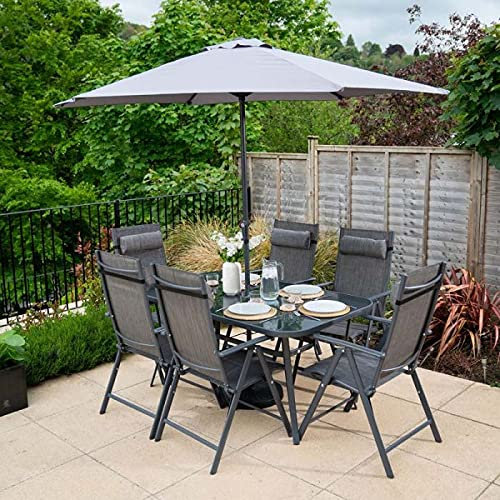 Hectare Polytex 6 Seater Metal Garden Furniture Outdoor Dining Set with Reclining Chairs and Parasol in Grey
