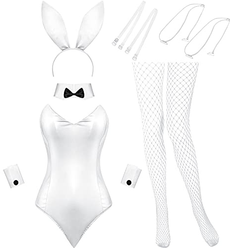 Geyoga Halloween Anime Damen Hase Kostüm Einteiler Bodysuit Kaninchen Haarreif Strümpfe Set Hasen Outfit für Weihnachten Party