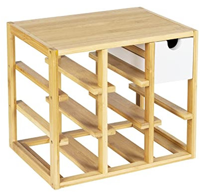 WENKO Botellero Finja, botellero de calidad para hasta 8 botellas, con cajón integrado para sacacorchos, vertedor y servilletas, de bambú natural/MDF, 33,5 x 29 x 24 cm, natural/blanco