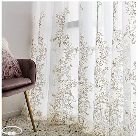 JUANstore Bestickt Vintage Voile Leichter Luxus Schwerindustrie Stickerei Mit Kräuselband Weich Vorhang Kurz Leicht Tüllvorhang für Schlafzimmer Wohnzimmer,w200xL250cm