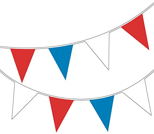 Happium 10 m Wimpelkette, einfarbig, Wimpelkette, Party-Dekoration, Girlande (blau, rot, weiß)