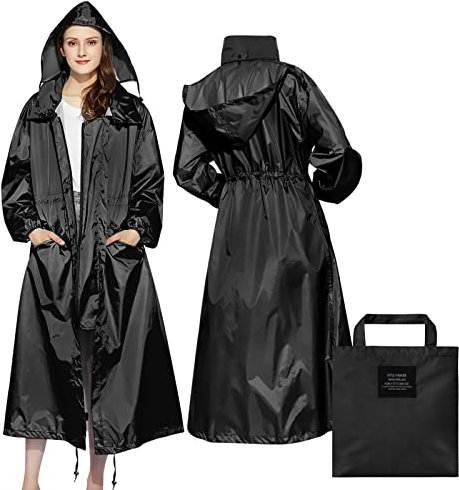 LAMA Stilvoller langer Regenmantel Unisex Regenponcho mit Wasserdichte Pattentasche Kapuze Tunnelzug Erwachsene Regenbekleidung Regencape Regenjacke Raincoat Regenschutzbekleidung Damen, Schwarz XL