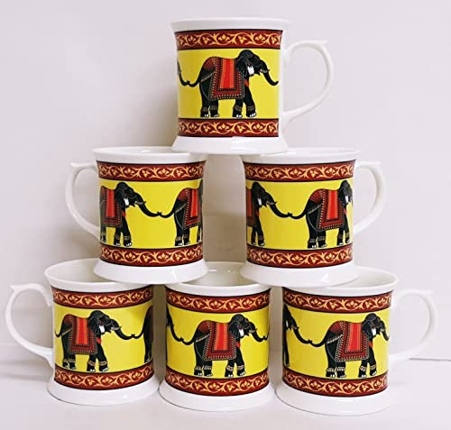 Elephant Parade Mugs Set of 6 Fine Bone China Small Tankard 9oz 250ml Colourful Elephant Cups Hand Decorated UK