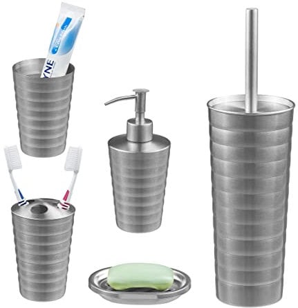 Relaxdays Set de Baño Accesorios, Juego 5 Piezas Acero Inoxidable, Jabonera, Soportes, Vaso, Dispensador Jabón, Plateado