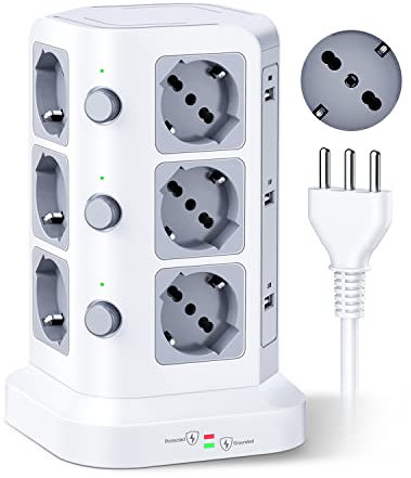 KOOSLA Ciabatta Elettrica con 12 Prese Universali ITA 10/16A e Schuko e 6 slot USB-A(4000W/16A), Multipresa verticale protezione sovratensione con 3 interruttori indipendenti, 2M Cavo, Bianco