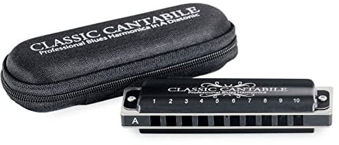 Classic Cantabile AHB-650 PRO Alabama Blues Harmonica A-Dur - Diatonische Mundharmonika m. 10 Phosphor-Bronze Stimmzungen - Angenehm griffiges Messing-Gehäuse (schwarz-matt) - Inkl. Etui & Pflegetuch