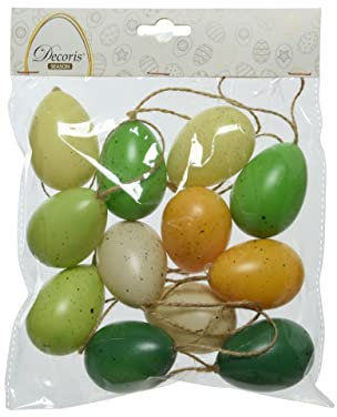 Decoris Ostereier zum Aufhängen 6cm x 12 Stück Plastik in Naturoptik Hängedeko Osterdeko gelb grün