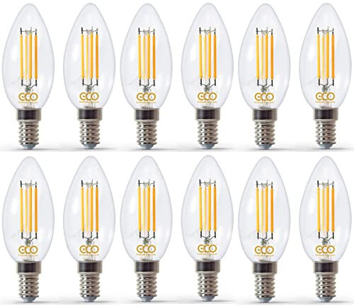 ECO 40W Dimmable Energy Saving Candle Light Bulb, Low Power 4W Vintage Style LED Filaments, 400 Lumen, Clear Glass, Warm White (2700K), E14 Small Screw Fitting SES, 25000Hrs Lifetime. (12xPACK)