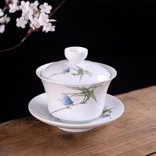 CODAO Peint à la Main en Porcelaine Bleue et Blanche Gaiwan soupière en céramique Bol à thé Ensemble Bol Couvert avec Couvercle Tasse Soucoupe