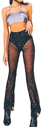 Anlaey Damen Rave Mesh Durchsichtige glitzernde Hose Pailletten Ausgestellte Glocke Unterhose Sexy Rave Outfits für Festival Tanz Clubwear, 1 Paar schwarz, M