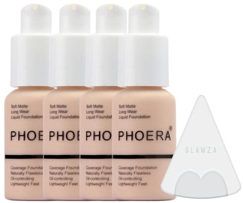 Glamza Phoera Foundation Full Coverage Makeup Set - 24hr Long Lasting Oil Control - Soft Smooth Matte Flawless Concealer Cream - Inc x4 30ml Foundation & Silicone Blender Sponge (101 Porcelain)