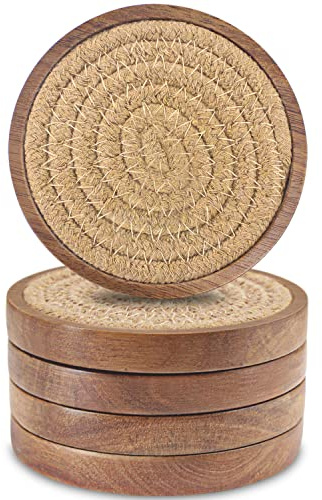 Wood Coasters for Drinks, Eykao Absorbent Coaster Sets of 5, Woven Drink Coasters for Coffee Table, Housewarming Gift for Farmhouse Home Decor,4 inches