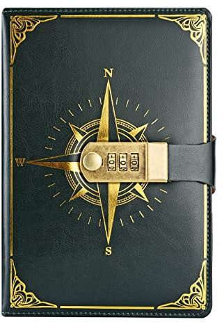 NectaRoy Reisetagebuch, Notizbuch mit Schloss, Tagebuch mit Code (Modell Kompass), Geheimbuch für Mädchen, für Büro, Schule, Studenten, Schreibwaren, Geburtstagsgeschenk, 22 x 15 cm