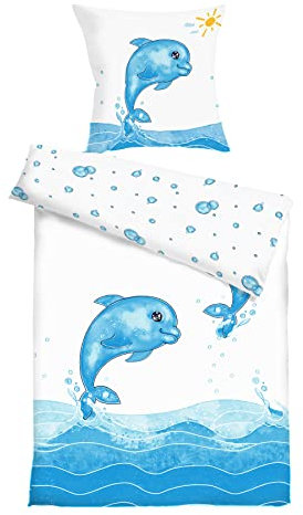 Koru Kids® Kinderbettwäsche 135x200 cm Delfin – 2-teiliges Set mit Kissenbezug 80x80 cm – 100% Baumwolle Satin - Bettwäsche 135x200 Kinder – Wendebettwäsche – Bettwäsche Kinder Mädchen Junge