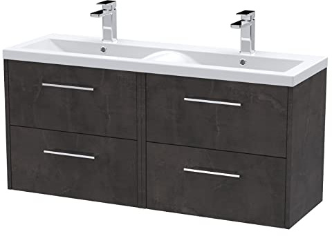 Hudson Reed JNU2624F Juno Wall Hung 4 Drawer Vanity Unit & Ceramic Double Basin, 1200mm, Matt Metallic Slate