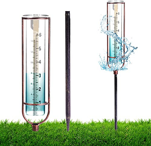 Rain Gauge Outdoor, 6 Inch Removable Large Capacity Glass Rain Gauge Outdoor with Stake, Easy to Read Rain Gauges for Yard, Lawn, Garden, Fence (Bronze)