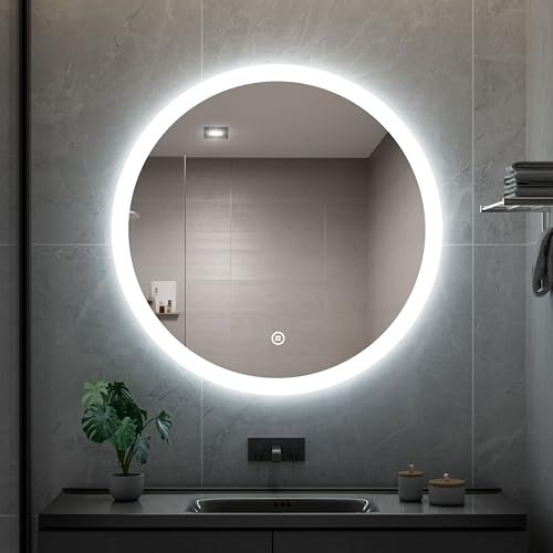 Heilmetz 60cm Bathroom Mirror with LED Lights, Illuminated Bathroom Wall Mirror with Demister, Dimmable, Touch, 6500K Cold White LED Light, Round Mirrors