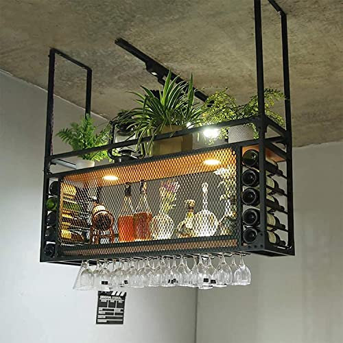LUDIST Eisenstangen-Deckenregal, hängende Weinglasregal-Decke mit Lichtern, hängendes Deckenregal aus Massivholz, Lagerregal, schwebender Weinflaschenhalter