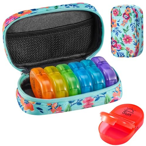 Serfeymi Pill Boxes 7 Day 2 Times a Day AM PM Medicine Organiser Weekly Tablet Organiser Rainbow Pill Box with Portable Zipper Canvas Pill Case for Pills, Supplement, Fish Oils, Vitamin- Green 01