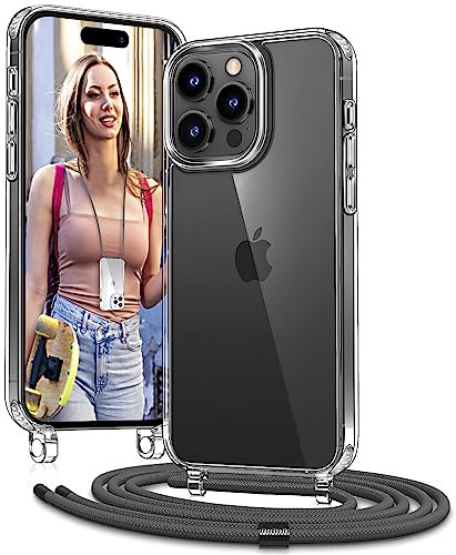 Vaykwo Handykette mit Band für Apple iPhone 14 Pro Hülle - Necklace Handyhülle - Transparente Case zum Umhängen mit Kameraschutz und Bildschirmschutz - Grau