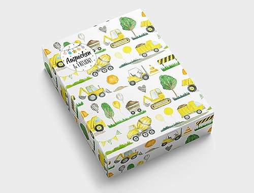 Geschenkpapier für Jungen Baustelle Bagger Geschenkpapier für kleine Geschenke Kindergeburtstag Weihnachten (6 Bögen in DIN A3 + 6 Aufkleber + 25 Verschlusspunkte)