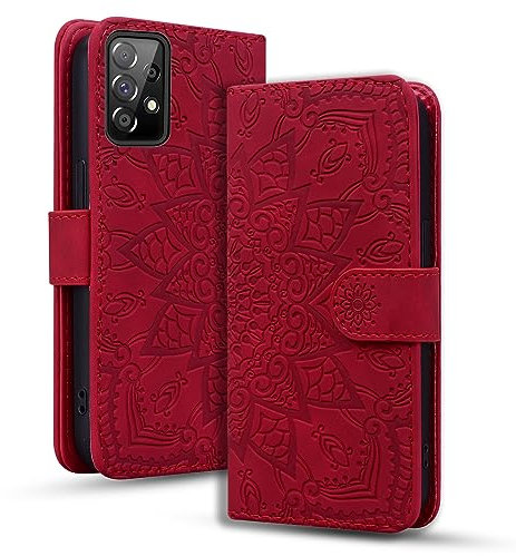 Rosbtib Coque pour Samsung Galaxy A52 4G 5G/ A52S 5G Premium PU Cuir Housse avec Fermeture Magnétique Stand Fonction Flip Cover Mandala Gaufrage Samsung Galaxy A52 4G 5G/ A52S 5G - Rouge