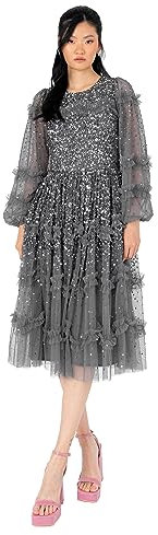 Maya Deluxe Women's Midi Dress Ladies Long Sleeve Sequin Embellished Ruffle for Wedding Guest Bridesmaid Occasion Evening Ball Gown, Charcoal, 10