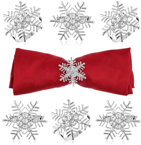 Andibro Weihnachts Serviettenringe mit Schneeflocken, 6 Stück Metall Strass Serviettenringhalter mit Schnalle Weihnachtsmann Dinner Tische Dekorationen Serviettenhalter für Weihnachten Hochzeit Tisch