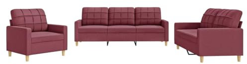 vidaXL Sofagarnitur 3-TLG., Sessel Couch mit Kissen, Sofa Wohnzimmersofa mit Armlehnen, Couchgarnitur Designsofa Sitzmöbel Polstermöbel, Weinrot Stoff