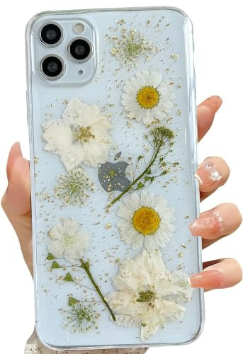 LSEEKA for iPhone 11 Pro Max Clear Case with Pressed Real Flowers Design,Glitter Cute White Floral Pattern Slim Soft TPU Protective Women Girl's Phone Cover for iPhone 11 Pro Max