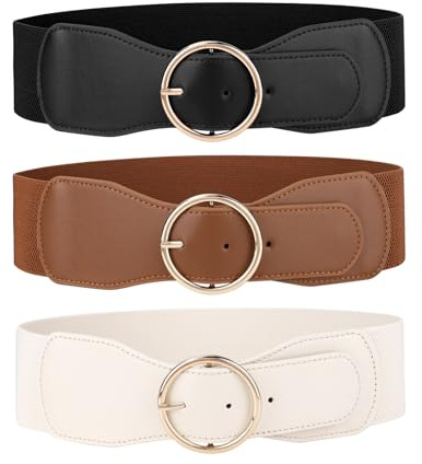 JASGOOD 3 Pack Women Wide Elastic Waist Belt for Dress Ladies Stretch Belt with Gold Round Buckle