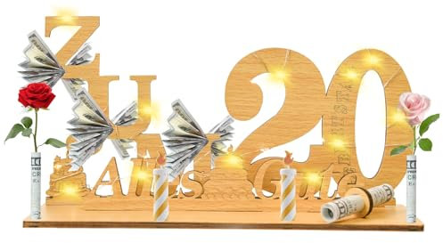 Geschenke zum 20 Geburtstag Frau Mann,Geldgeschenke Geburtstag 20 Alles Gute zum mit LED Lichterkette Ständer,Holz 20.Geburtstag Deko,Coole Geschenkideen zum 20. Geburtstag Tischdeko.