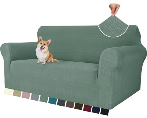 YSTELLAA Stretch Sofa Überzug 2 Sitzer, Sofaschoner rutschfest Mit Armlehne, Dicke Sofabezug Für Hunde Katzen Und Haustiere, Universal Jacquard Sofabezug, Waschbare Sofa Cover, Bohnengrün
