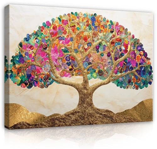 WallArena Quadro astratto albero della vita, colorato, 100 x 75 cm, moderno, grande, XXL, soggiorno, camera da letto, stampa artistica da parete su tela, pronta da appendere