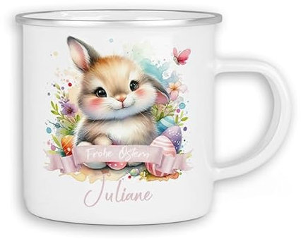 Emaille Tasse personalisiert mit Namen Ostern | Kinder Blechtasse Kindertasse Stahltasse mit süßen Ostermotiven Becher Motiv Osterhase | 02- Hase