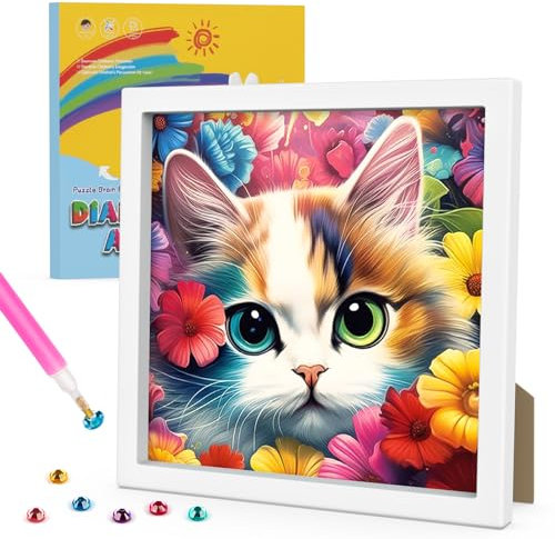 GHHKUD 5D-Diamant-Kunst-Set mit Katze, mit Rahmen, Gemälde und Basteln für Kinder, Geschenke für Mädchen