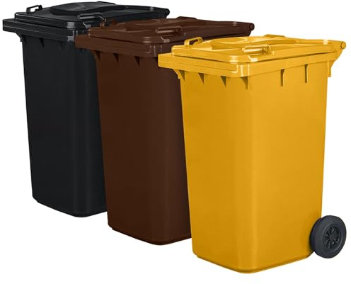 Lot de 3 poubelles pour déchets | PN-EN 840 | 240 litres | avec roues | système d'attache pour prélèvement mécanique | en plastique | noir marron jaune