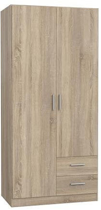 FORTE JOAKIM Schrank 90 200, Kleiderschrank klein, modernes Design Drehtürenschrank mit 2 Schubladen, Einlegeböden und Kleiderstange, Sonoma Eiche, 91 cm breit x 197 cm hoch x 54 cm tief