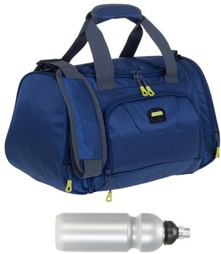 Sporttasche klein Damen Herren Kinder Trainer Small 42 cm 18 L Reisetasche Sport Reise Gymbag Arbeit Fitness Schule Gym Bag Tasche 1242 + Trinkflasche (Dark Marine Blue (blau))