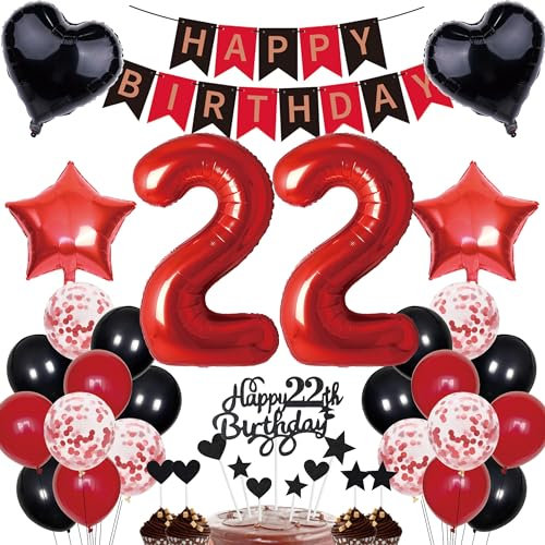 22. Geburtstag Dekorationen Mann Frauen Deko Geschenk für 22. Geburtstag Tortendeko 22 Geburtstag Frauen Happy Birthday Banner Rot Schwarz Deko Set 22 jahre Geburtstag deko Zahl 22 Party Ballons