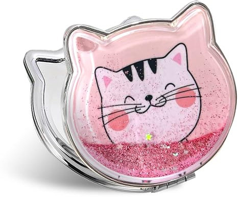 Fixleren Katze Taschenspiegel, Handspiegel Klappbar Mini Schminkspiegel ,Klein, Doppelseitig,Kompaktspiegel für Make-up Camping Reisen 7 * 7.5cm. (Rosa)