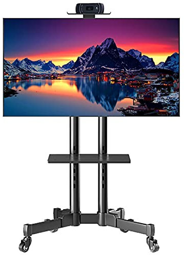 TV-Ständer, neigbar, mobil, mit Rädern und 2 Ablagefächern, für 50 55 60 65 70 Zoll Fernseher, robuster schwarzer Universal-TV-Rollwagen für den Boden, schöne Landschaft für Schlafzimmer/Schule