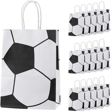 ktxaby 16 Stück Fußball Papiertüten, Fußball Geschenktüte, Fußball Thema Party Papier Taschen mit Griffen,Süßigkeiten Taschen für Kinder Erwachsene Geburtstag Fußball Thema Party Zubehör (Weiß)
