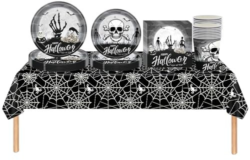 69Pcs Halloween Party Tableware Plastic Table Cloth Cover,Paper Plates,Napkins Serviette and Cups,Bat Skull Black White Happy Halloween Dinnerware Set for Halloween Party Supplier Table Decorations