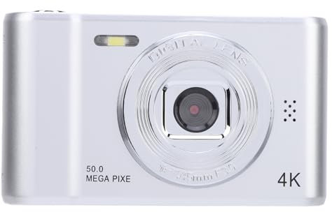 Compact Digital Camera 50MP Dual Lens Self Adaptive Anti Shaking 2.4 Inch Screen Portable Camera for Kids Students Vlog, Clear Photos, HD Videos with Digital Zoom, Easy (Silver)