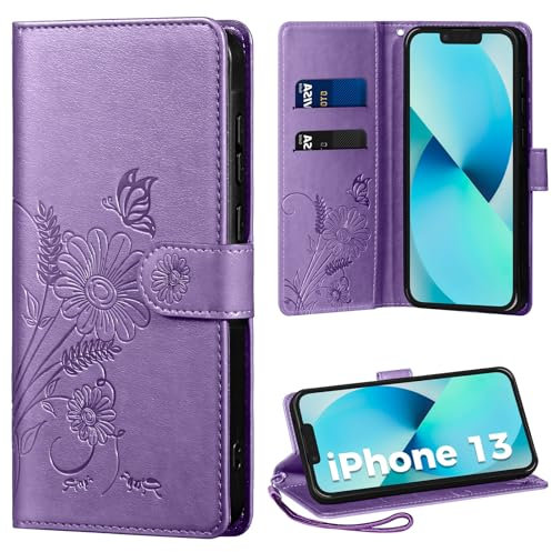 Handyhülle für iPhone 13 Hülle, Schutzhülle für iPhone 13 PU Lederhülle Tasche Flip Case Kartensteckplätzen Klapphülle Kompatibel mit iPhone 13 Hülle, Lila