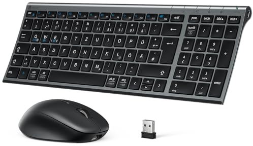 iClever Tastatur Maus Set Kabellos, Bluetooth Tastatur mit Maus, Wiederaufladbare Dualmodus (Bluetooth 5.0+2.4G) Funktastatur, für PC/Laptop, QWERTZ Layout, Schwarz&Grau